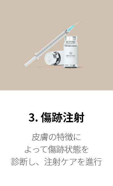 3. 傷跡注射 皮膚の特徴によって傷跡状態を 診断し、注射ケアを進行