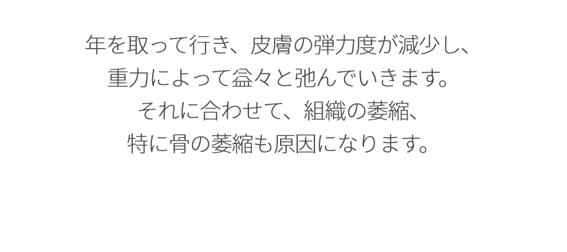 나이가 들어감에 따라 피부의 탄력도가 감소하고 중력에 의해 서서히 늘어나는 것과 더불어 조직의 위축, 특히 뼈의 위축으로 인한 원인도 동반됩니다.