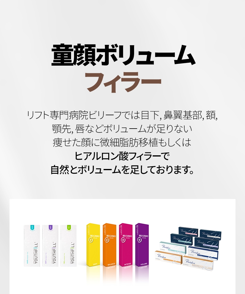 童顔ボリュームフィラー リフト専門病院ビリーフでは目下, 鼻翼基部, 額, 顎先, 唇などボリュームが足りない 痩せた顔に微細脂肪移植もしくはヒアルロン酸フィラーで自然とボリュームを足しております。