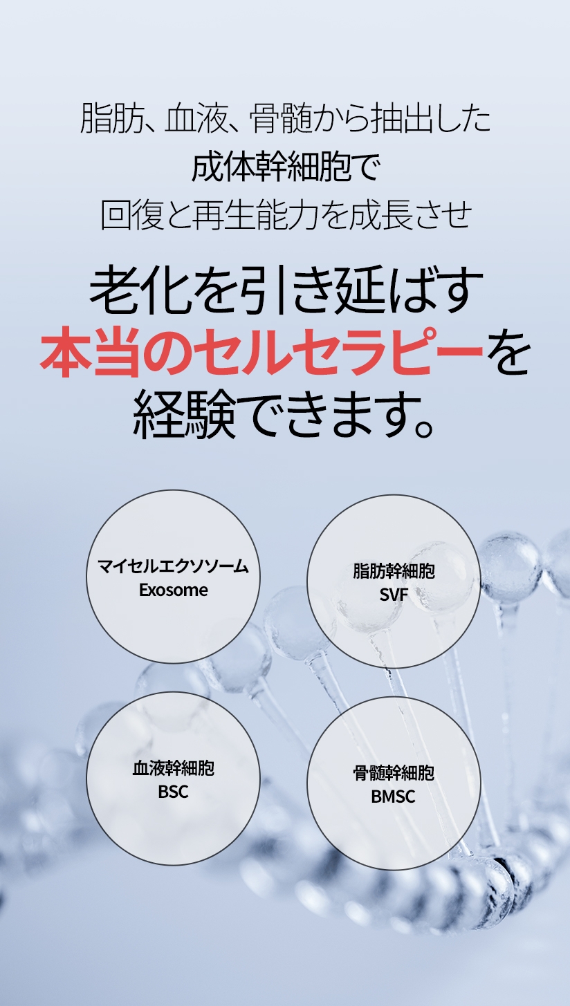 脂肪、血液、骨髄から抽出した成体幹細胞で回復と再生能力を成長させ 老化を引き延ばす本当のセルセラピーを経験できます。 マイセルエクソソーム Exosome, 脂肪幹細胞 SVF, 血液幹細胞 BSC, 骨髄幹細胞 BMSC