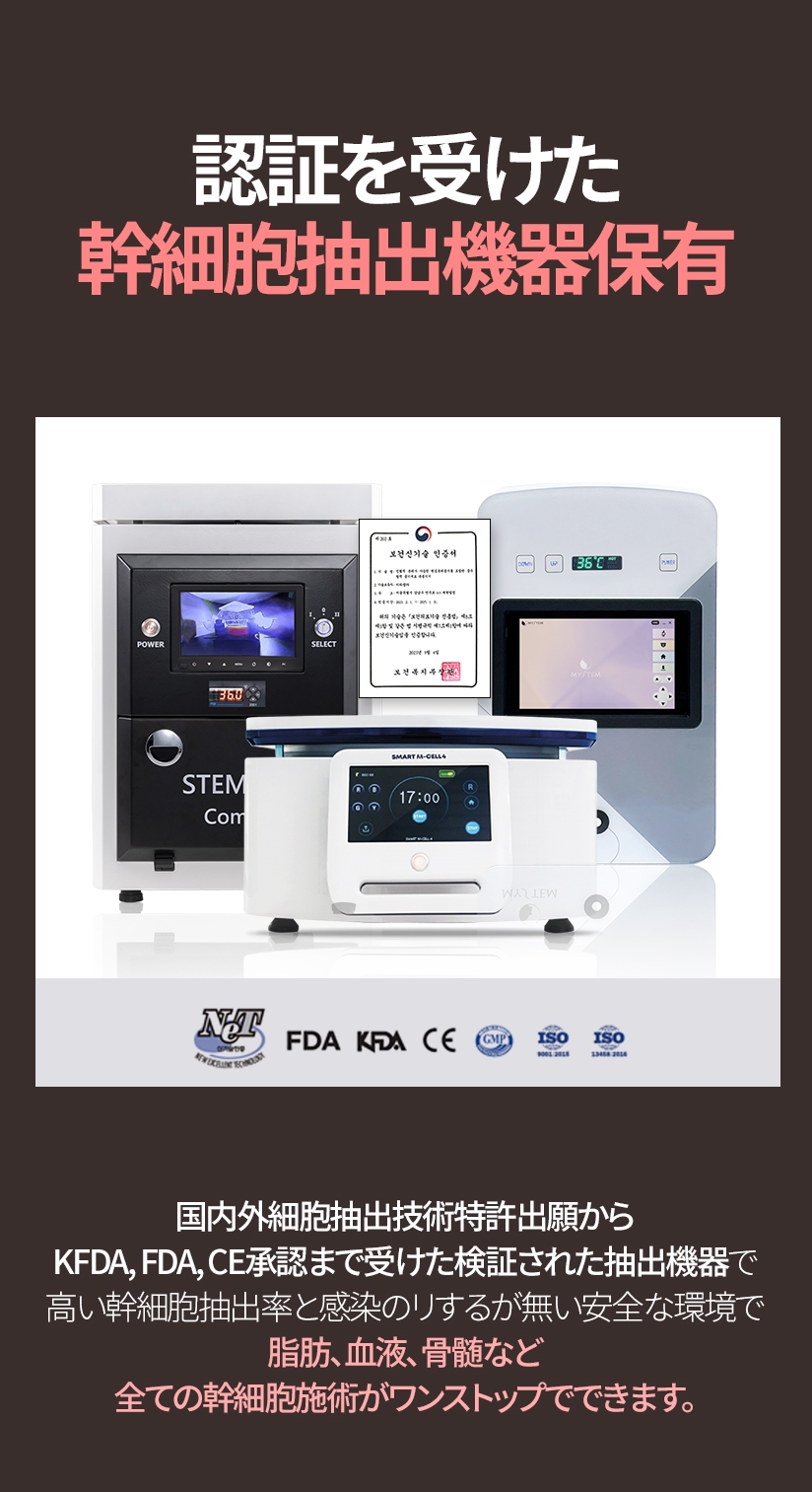 認証を受けた幹細胞抽出機器保有 国内外細胞抽出技術特許出願からKFDA, FDA, CE承認まで受けた検証された抽出機器で 高い幹細胞抽出率と感染のリするが無い安全な環境で 脂肪、血液、骨髄など全ての幹細胞施術がワンストップでできます。