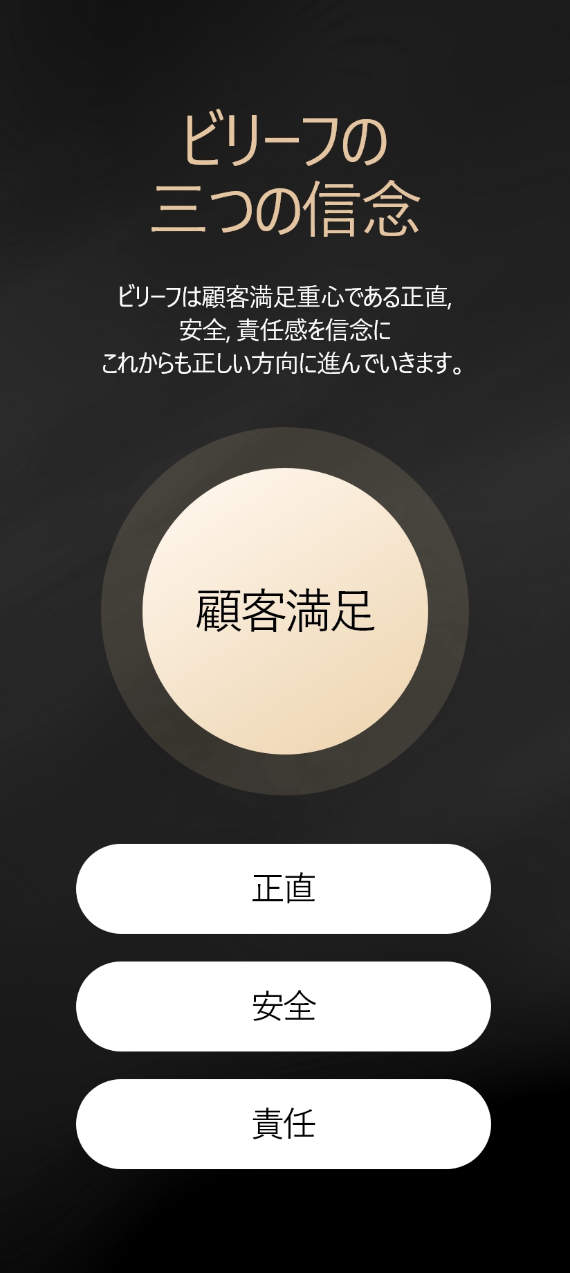 ビリーフの三つの信念 ビリーフは顧客満足重心である正直, 安全, 責任感を信念に これからも正しい方向に進んでいきます。 顧客満足  正直 安全 責任